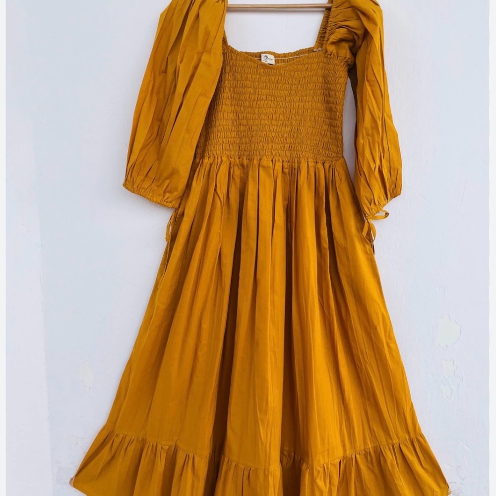 Mommy and Me Muslin set Mustard Smocked Small petite Dress with long sleeves